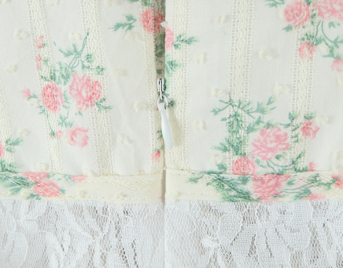 Lace Embroidered Corset Dress | Floral Print Boning Detail Waist Cinching Fit Spaghetti Straps | noémi