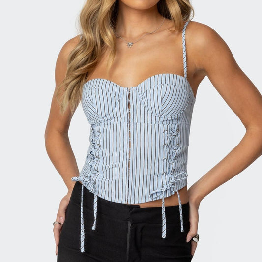 Blue Striped Tube Top with Adjustable Straps | Cinched Waist Slim Fit Vest for Women | noémi