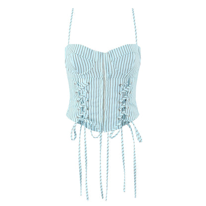 Blue Striped Tube Top with Adjustable Straps | Cinched Waist Slim Fit Vest for Women | noémi