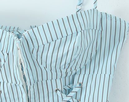 Blue Striped Tube Top with Adjustable Straps | Cinched Waist Slim Fit Vest for Women | noémi