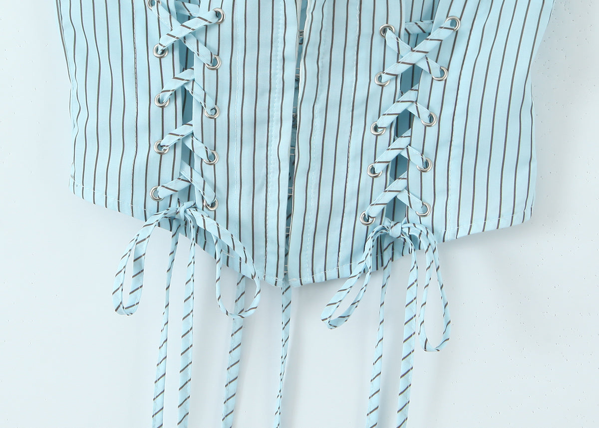 Blue Striped Tube Top with Adjustable Straps | Cinched Waist Slim Fit Vest for Women | noémi