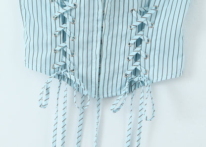 Blue Striped Tube Top with Adjustable Straps | Cinched Waist Slim Fit Vest for Women | noémi