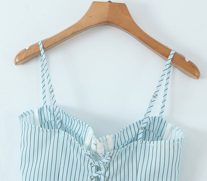 Blue Striped Tube Top with Adjustable Straps | Cinched Waist Slim Fit Vest for Women | noémi