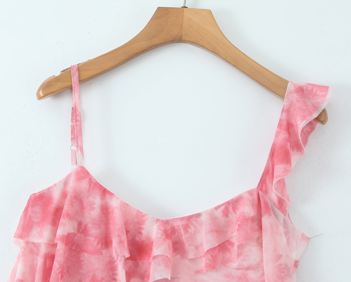 Spring Tie Dye Two Piece Set for Women |  Ruffle Spaghetti Strap Top Irregular Mini Skirt | noémi