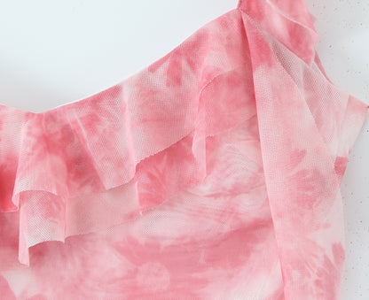 Spring Tie Dye Two Piece Set for Women |  Ruffle Spaghetti Strap Top Irregular Mini Skirt | noémi