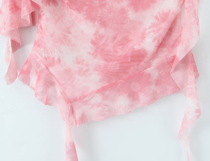 Spring Tie Dye Two Piece Set for Women |  Ruffle Spaghetti Strap Top Irregular Mini Skirt | noémi