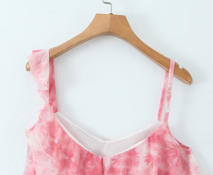 Spring Tie Dye Two Piece Set for Women |  Ruffle Spaghetti Strap Top Irregular Mini Skirt | noémi