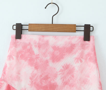 Spring Tie Dye Two Piece Set for Women |  Ruffle Spaghetti Strap Top Irregular Mini Skirt | noémi