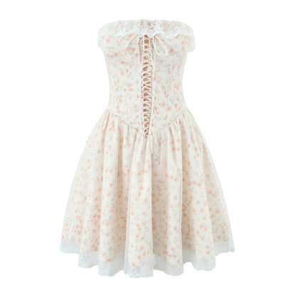 Puffy Slim Fit Tube Dress | Floral Lace Up Waist | noémi