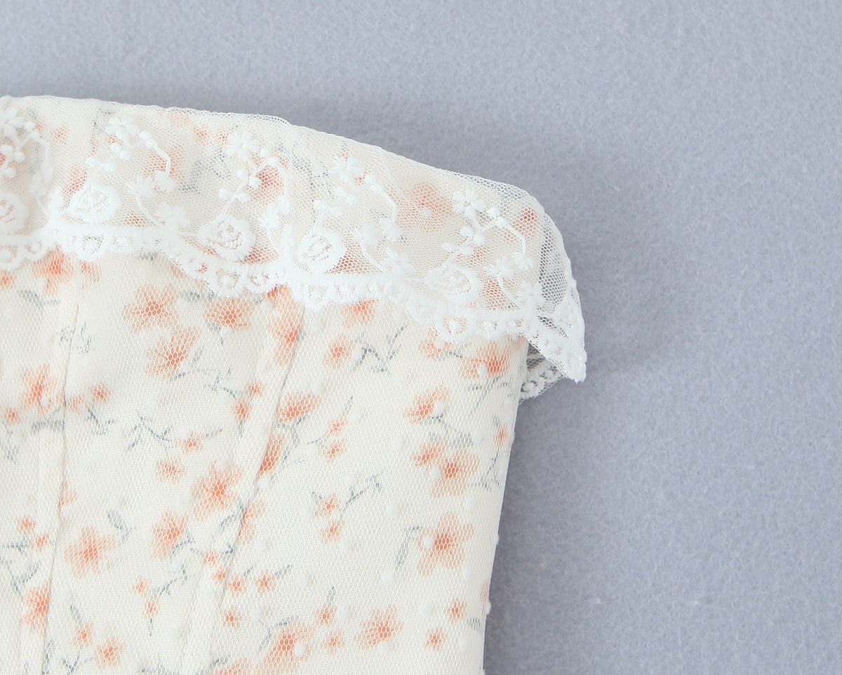 Puffy Slim Fit Tube Dress | Floral Lace Up Waist | noémi