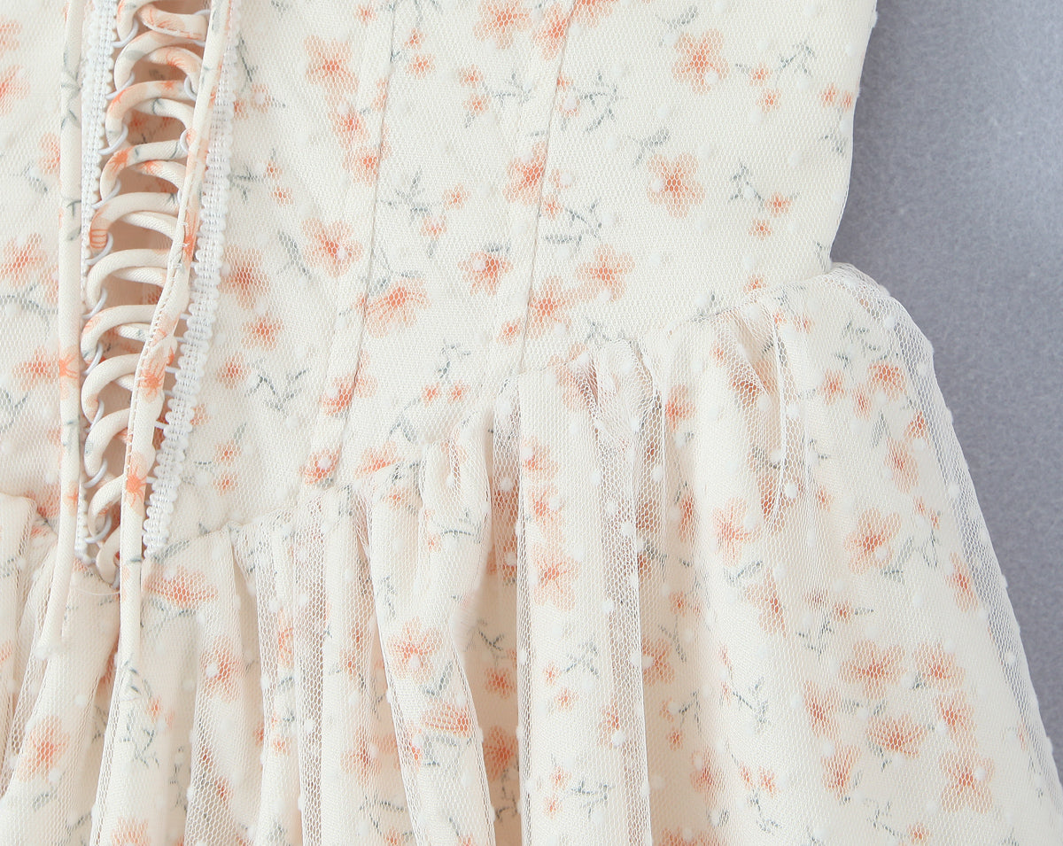 Puffy Slim Fit Tube Dress | Floral Lace Up Waist | noémi