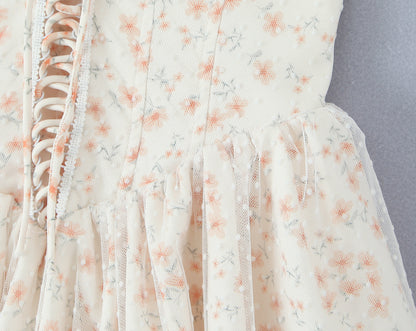 Puffy Slim Fit Tube Dress | Floral Lace Up Waist | noémi