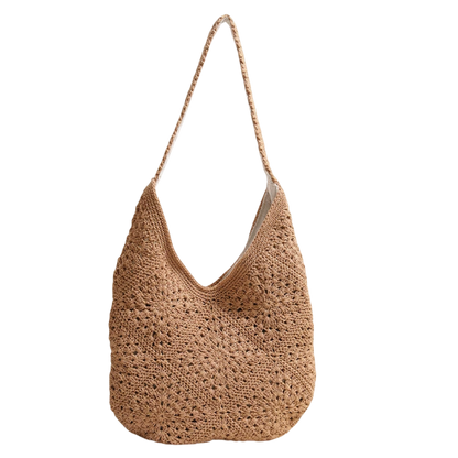 Woven Cotton Shoulder Bag – Large Capacity, Hand-Crocheted Coffee Plaid | noémi