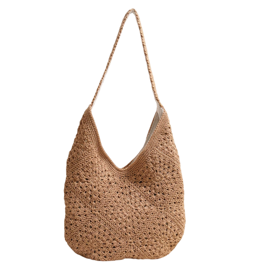 Woven Cotton Shoulder Bag – Large Capacity, Hand-Crocheted Coffee Plaid | noémi