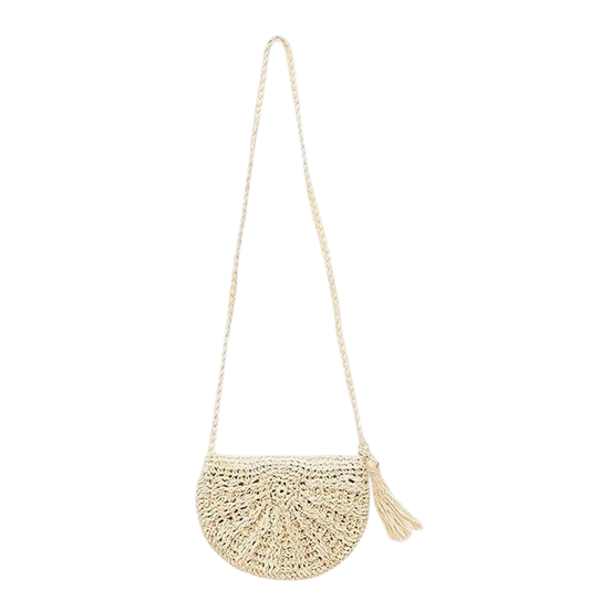 Handwoven Round Straw Crossbody Bag – Tassel Crochet Beach Tote, Brown | noémi
