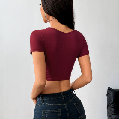 Cropped TShirt | Purplish Red, CutOut Square Neck, Short Sleeve Summer Top | noémi