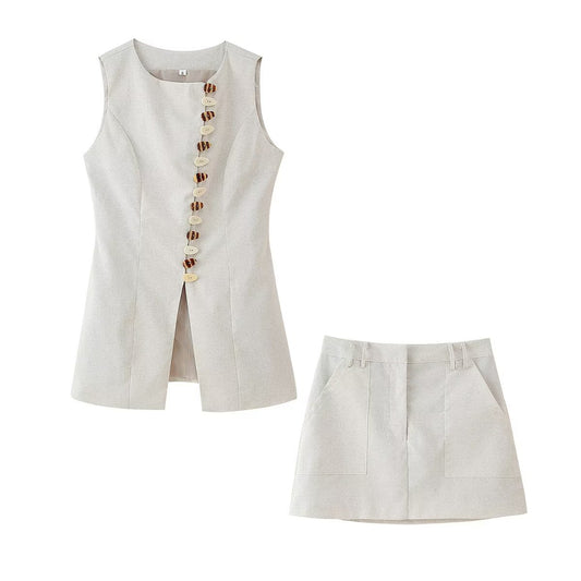 Womens 2 Piece Linen Vest & Skirt Set | Sleeveless Button Front Top Mini Skirt | noémi