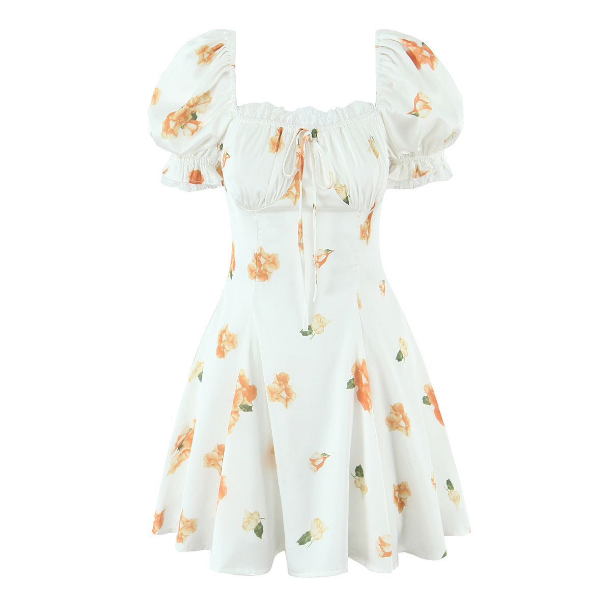 Floral Puff Sleeve A Line Mini Dress with Lace & Tie Detail | noémi