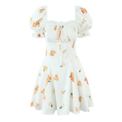 Floral Puff Sleeve A Line Mini Dress with Lace & Tie Detail | noémi