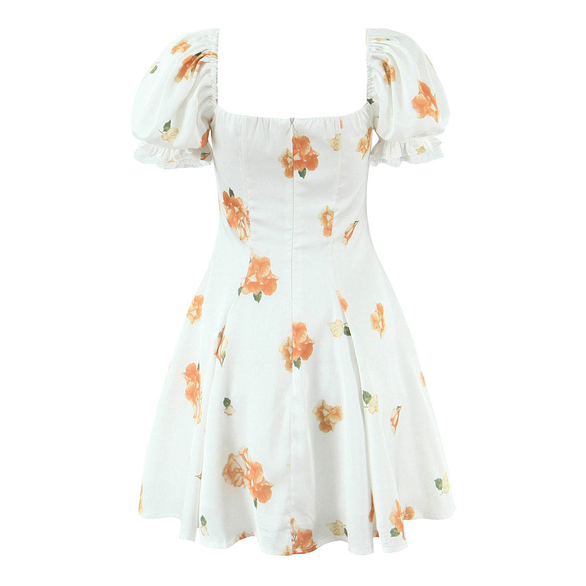 Floral Puff Sleeve A Line Mini Dress with Lace & Tie Detail | noémi