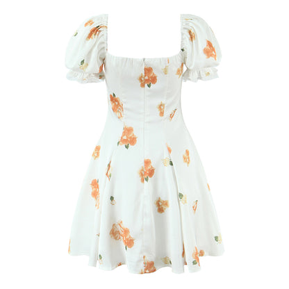 Floral Puff Sleeve A Line Mini Dress with Lace & Tie Detail | noémi