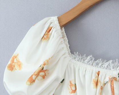 Floral Puff Sleeve A Line Mini Dress with Lace & Tie Detail | noémi