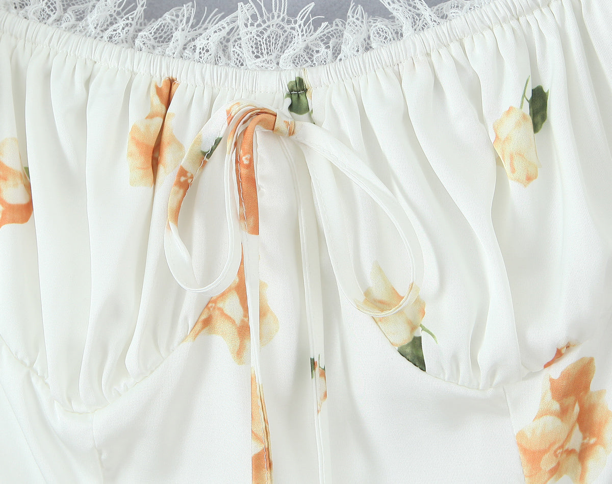 Floral Puff Sleeve A Line Mini Dress with Lace & Tie Detail | noémi