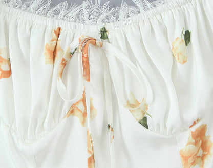 Floral Puff Sleeve A Line Mini Dress with Lace & Tie Detail | noémi