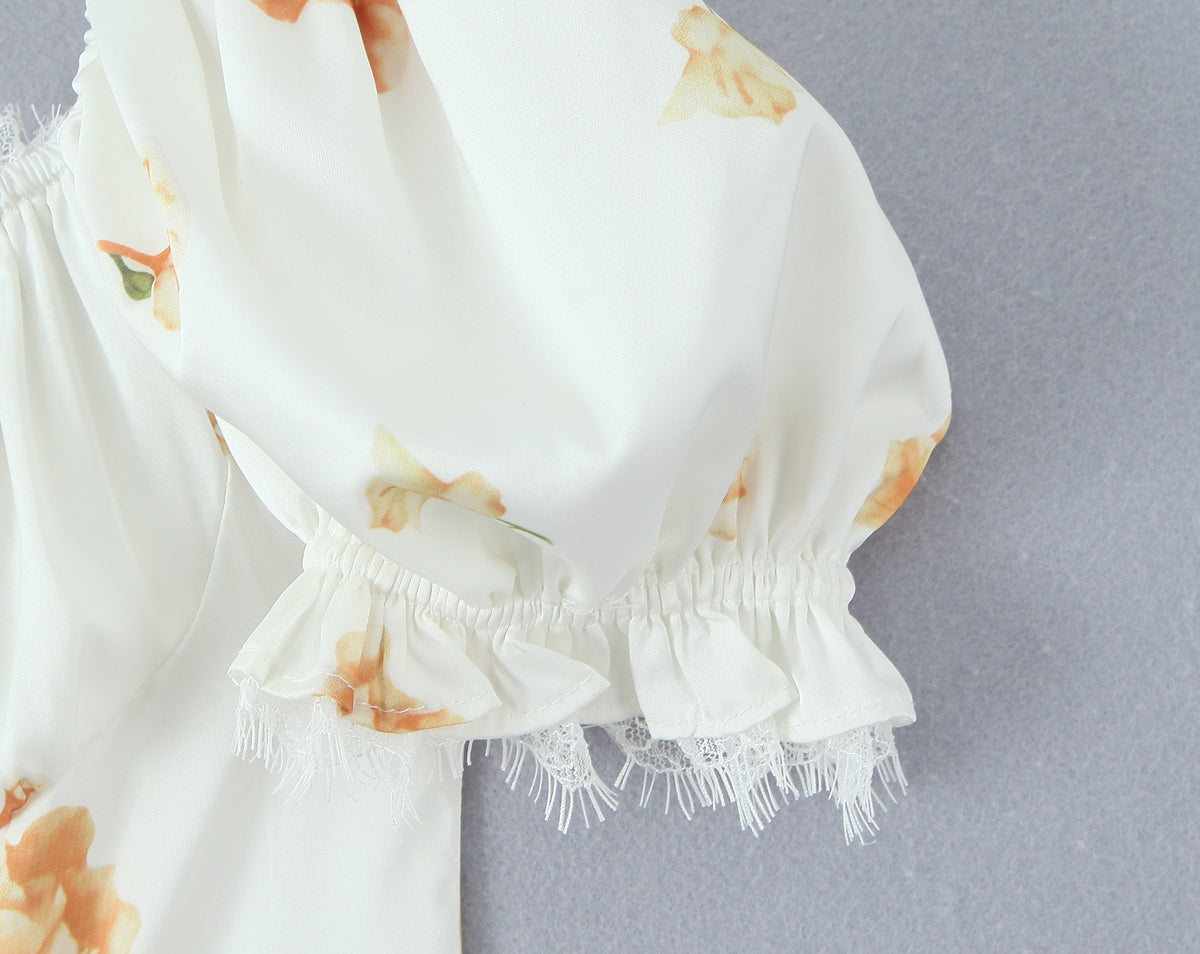 Floral Puff Sleeve A Line Mini Dress with Lace & Tie Detail | noémi