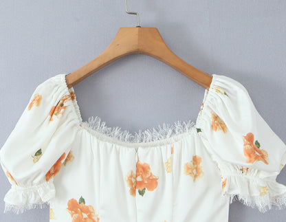 Floral Puff Sleeve A Line Mini Dress with Lace & Tie Detail | noémi