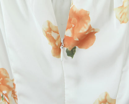 Floral Puff Sleeve A Line Mini Dress with Lace & Tie Detail | noémi