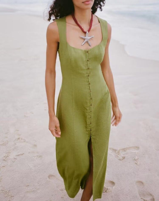 Linen Slim Fit Midi Dress With Natural Texture For Women | noémi