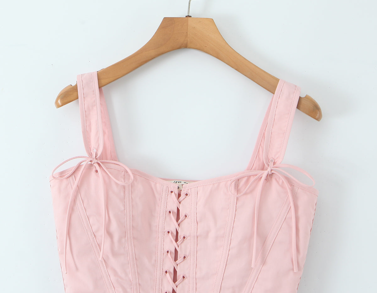 Blush Pink Lace Up Corset Top | Bustier with Adjustable Ribbon Tie & Boning Detail | noémi