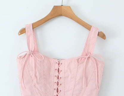 Blush Pink Lace Up Corset Top | Bustier with Adjustable Ribbon Tie & Boning Detail | noémi