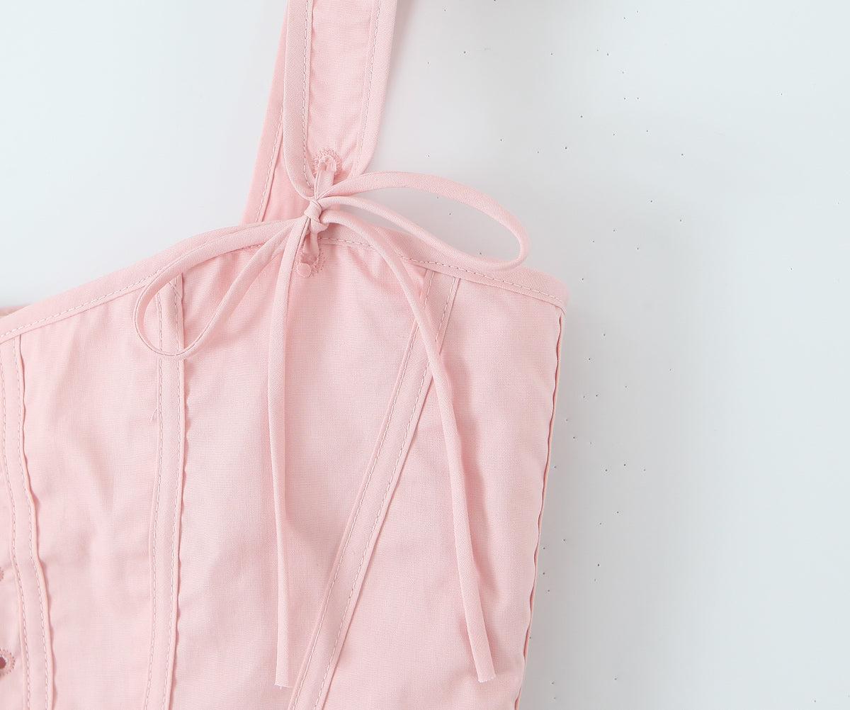 Blush Pink Lace Up Corset Top | Bustier with Adjustable Ribbon Tie & Boning Detail | noémi