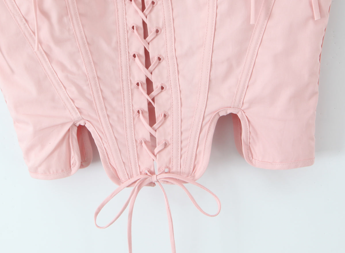 Blush Pink Lace Up Corset Top | Bustier with Adjustable Ribbon Tie & Boning Detail | noémi