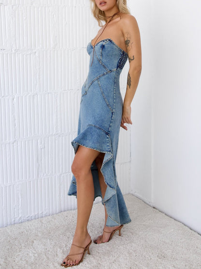 Women’s Strapless Denim Corset Fishtail Dress  | Slim Fit, Asymmetrical Hem | noémi