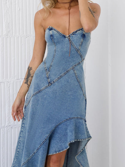 Women’s Strapless Denim Corset Fishtail Dress  | Slim Fit, Asymmetrical Hem | noémi