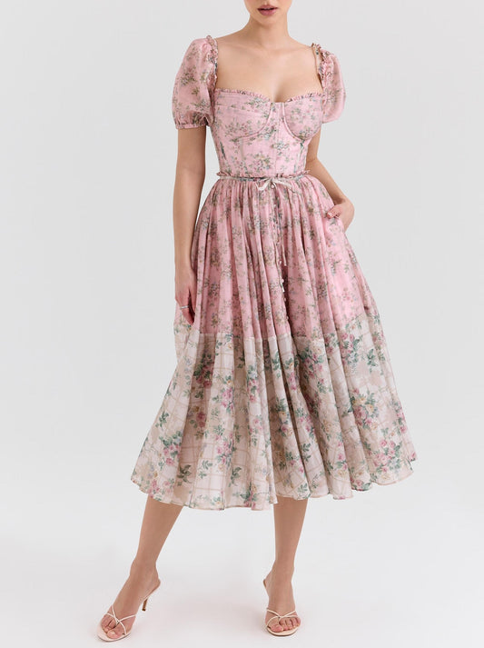 Boho Floral Chiffon Dress | Midi with Puff Sleeves & Square Neckline | noémi