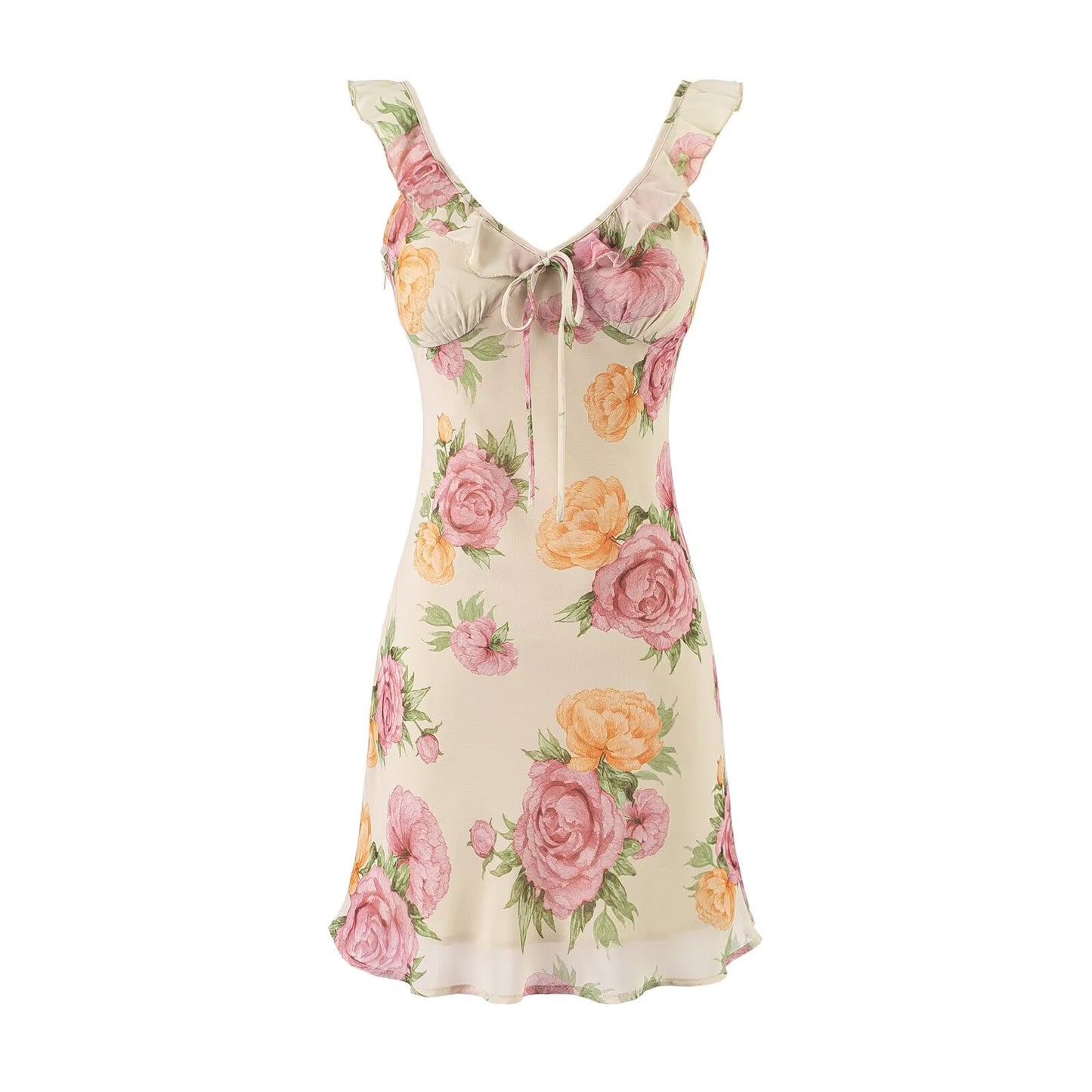 Printed Mini Dress | Ruffled Straps V Neck Backless | noémi