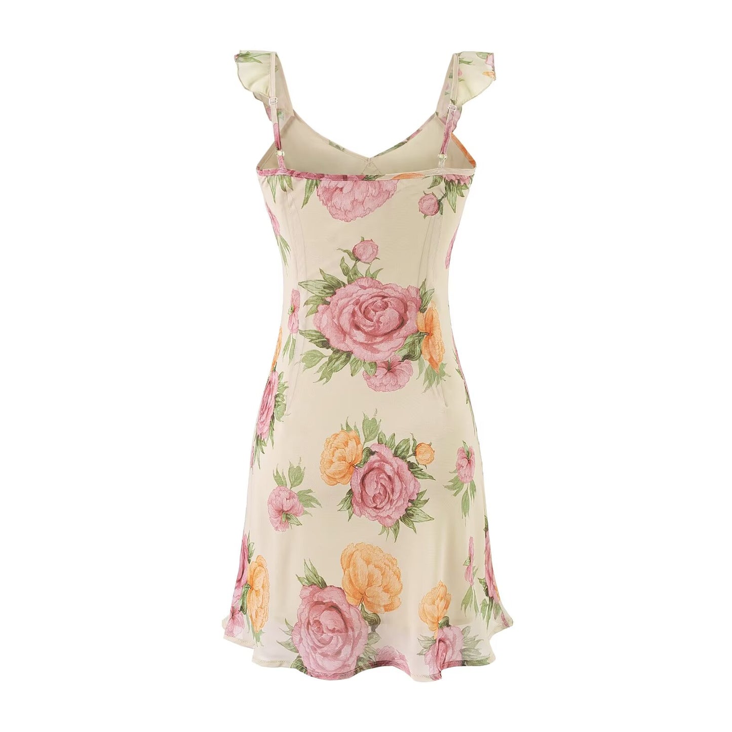 Printed Mini Dress | Ruffled Straps V Neck Backless | noémi