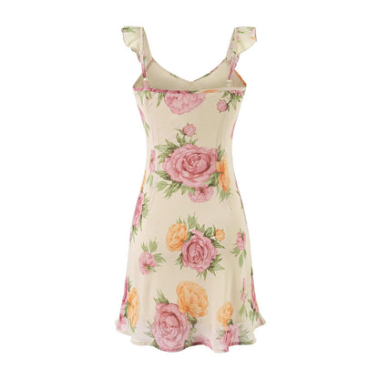 Printed Mini Dress | Ruffled Straps V Neck Backless | noémi