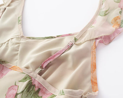 Printed Mini Dress | Ruffled Straps V Neck Backless | noémi