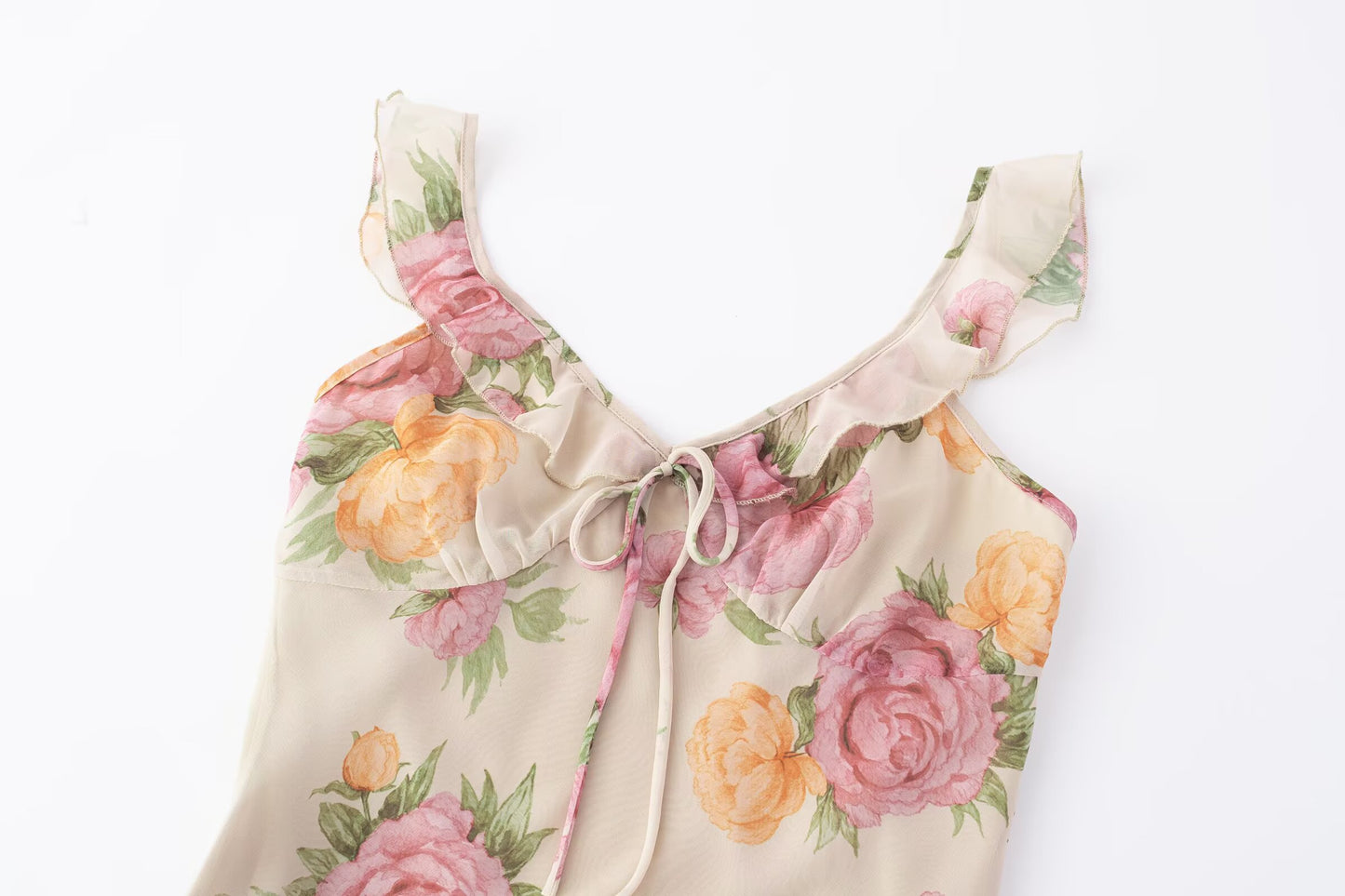 Printed Mini Dress | Ruffled Straps V Neck Backless | noémi