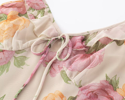 Printed Mini Dress | Ruffled Straps V Neck Backless | noémi