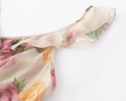 Printed Mini Dress | Ruffled Straps V Neck Backless | noémi