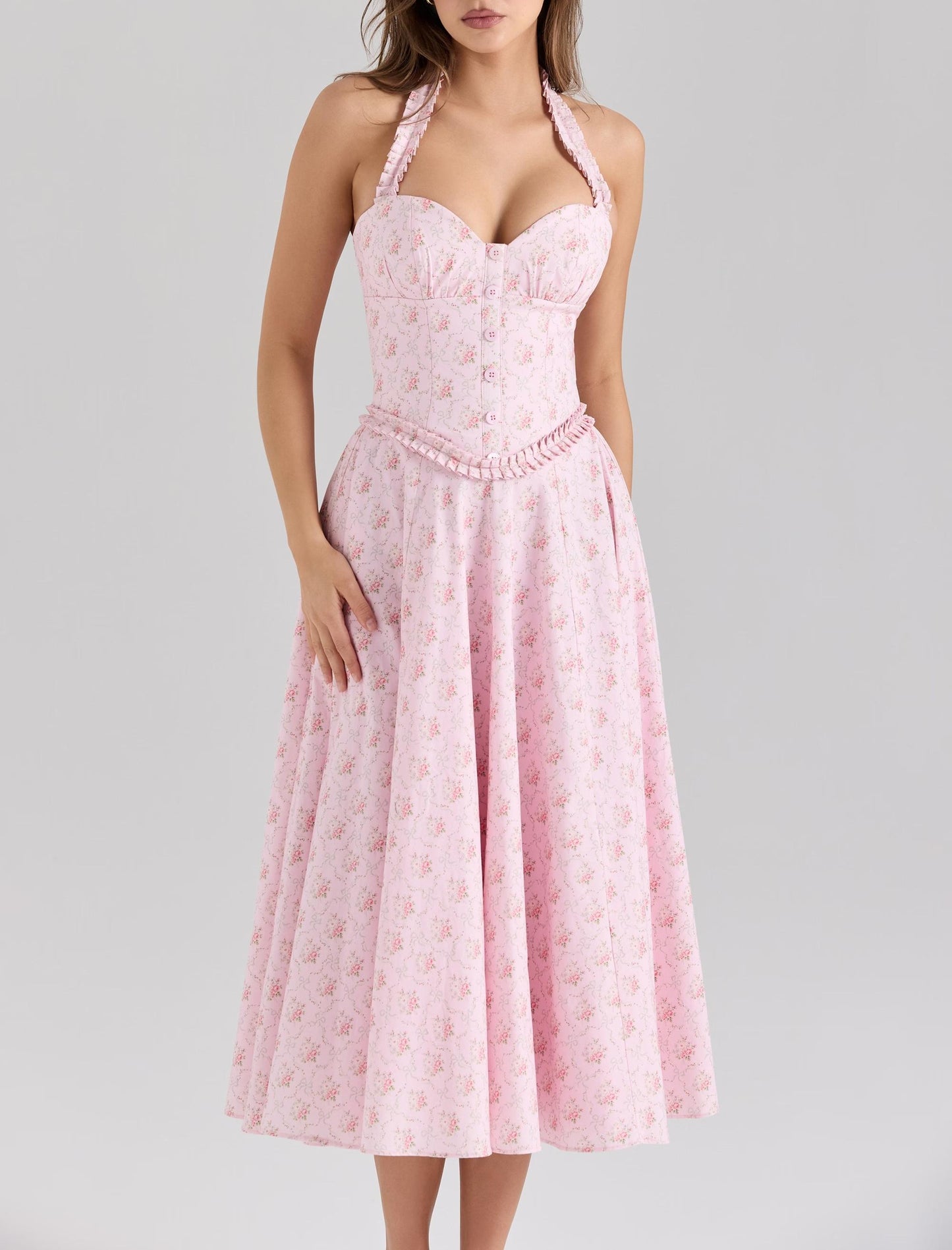 Pink Floral Halter Midi Dress | Backless, Slim Fit | noémi