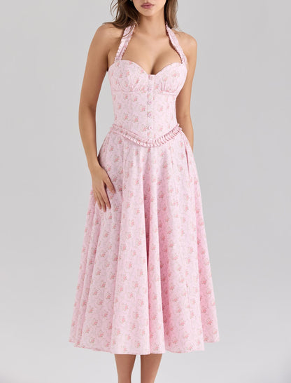 Pink Floral Halter Midi Dress | Backless, Slim Fit | noémi
