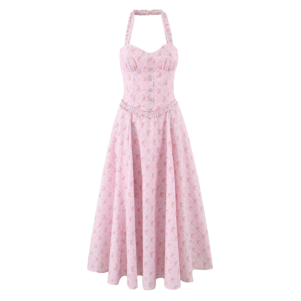 Pink Floral Halter Midi Dress | Backless, Slim Fit | noémi