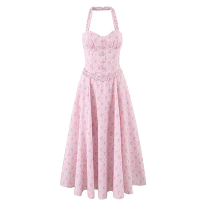 Pink Floral Halter Midi Dress | Backless, Slim Fit | noémi